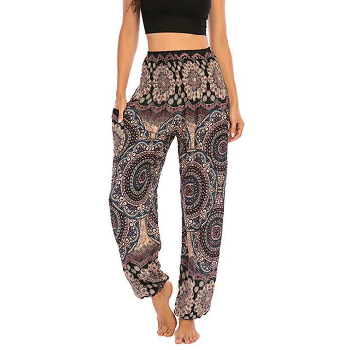Buddha Stones Boho Lockere Haremshose mit rundem geometrischem Muster für Damen, Yogahose - Schwarzbeige – US2–8/10, UK/AU6–12/14, EU34–40/42 (F) - image 0