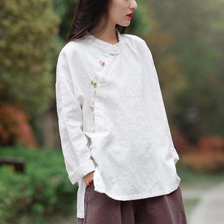 Buddha Stones Ramie Leinen Bluse Damen Shirt Top Chinesische Hanfu Stil Kleidung - Weiß (Brustumfang 120 cm) (nur Oberteil) - image 11