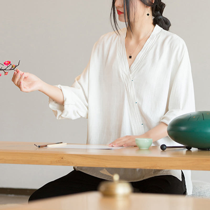 Buddha Stones V-Ausschnitt Bluse Damen Shirt Langarm Top Chinesische Kleidung im Hanfu-Stil - image 9