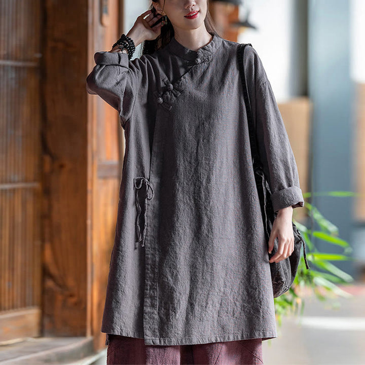 Buddha Stones Vintage Baumwollleinen Bluse Damen Langarmshirt Chinesisches Hanfu Top - Grau (Brustumfang 130 cm) (nur Oberteil) - image 8
