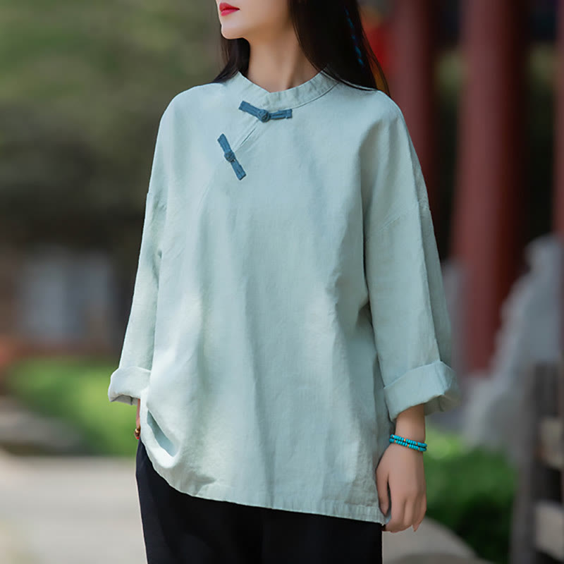 Buddha Stones Ramie Leinen Lose Bluse Damen Langarmshirt Chinesisches Hanfu Top - image 1