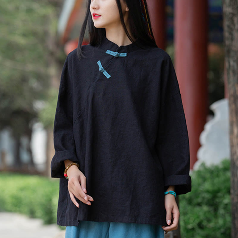 Buddha Stones Ramie Leinen Lose Bluse Damen Langarmshirt Chinesisches Hanfu Top - Schwarz (Brustumfang 132 cm) (nur Oberteil) - image 11