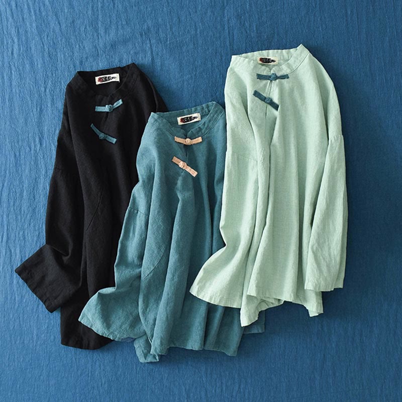 Buddha Stones Ramie Leinen Lose Bluse Damen Langarmshirt Chinesisches Hanfu Top - image 27