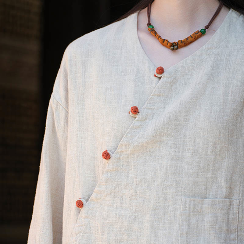 Buddha-Steine, einfarbig, Ramie-Leinen, lockere Bluse, Langarmshirt, chinesisches Hanfu-Oberteil - image 8