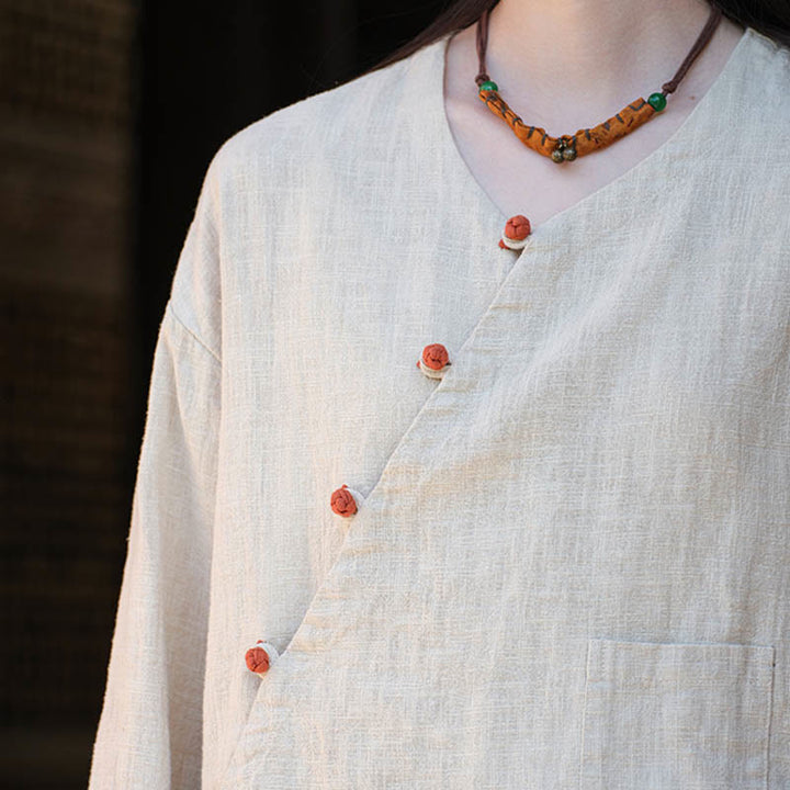 Buddha-Steine, einfarbig, Ramie-Leinen, lockere Bluse, Langarmshirt, chinesisches Hanfu-Oberteil - image 8