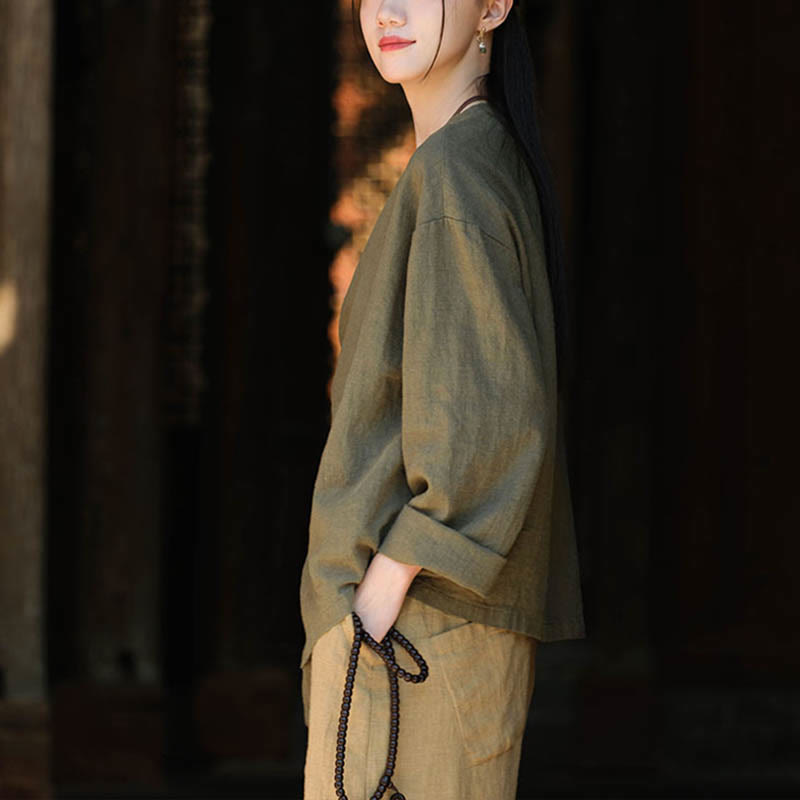 Buddha-Steine, einfarbig, Ramie-Leinen, lockere Bluse, Langarmshirt, chinesisches Hanfu-Oberteil - image 13