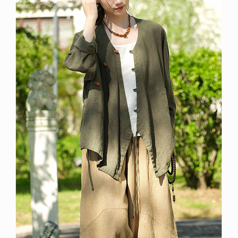 Buddha-Steine, einfarbig, Ramie-Leinen, lockere Bluse, Langarmshirt, chinesisches Hanfu-Oberteil - image 14
