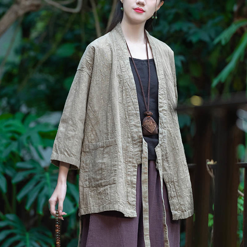 Buddha Stones Hanfu Design Dreiviertelärmel Ramie Leinen Mantel vorne offen Oberteil Jacke - image 2