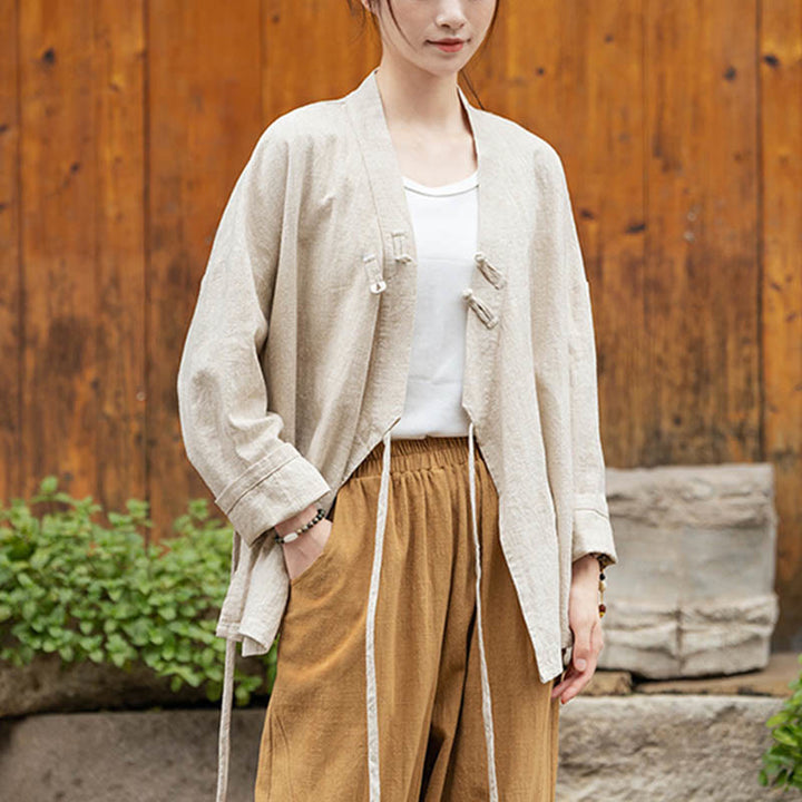 Buddha Stones Frosch-Knopf Hanfu Design Shirt Top Ramie Leinen Jacke - Beige (Brustumfang 126 cm) (nur Oberteil) - image 12
