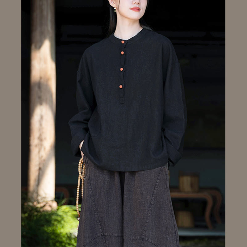 Buddha Stones Einfarbige, lockere Bluse mit Knöpfen, langärmeliges Hemdoberteil - image 31