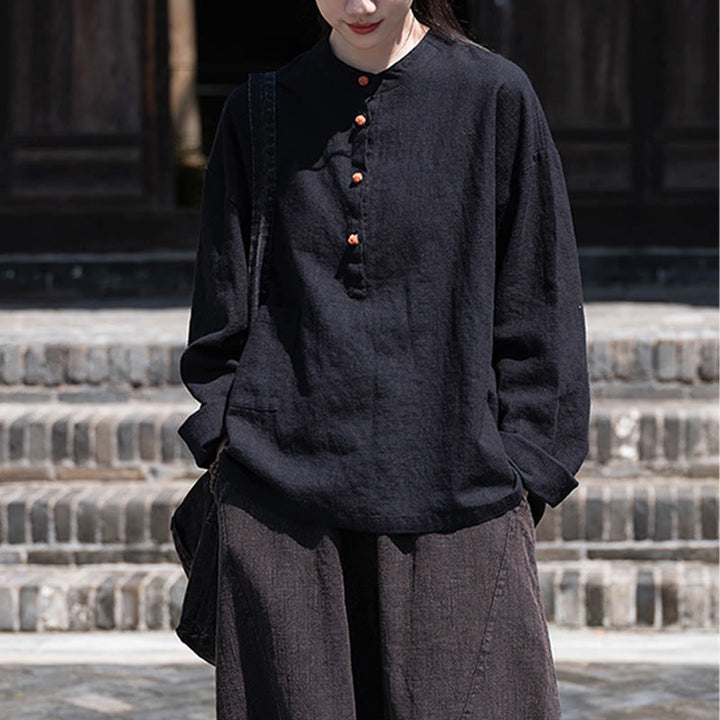 Buddha Stones Einfarbige, lockere Bluse mit Knöpfen, langärmeliges Hemdoberteil - image 29