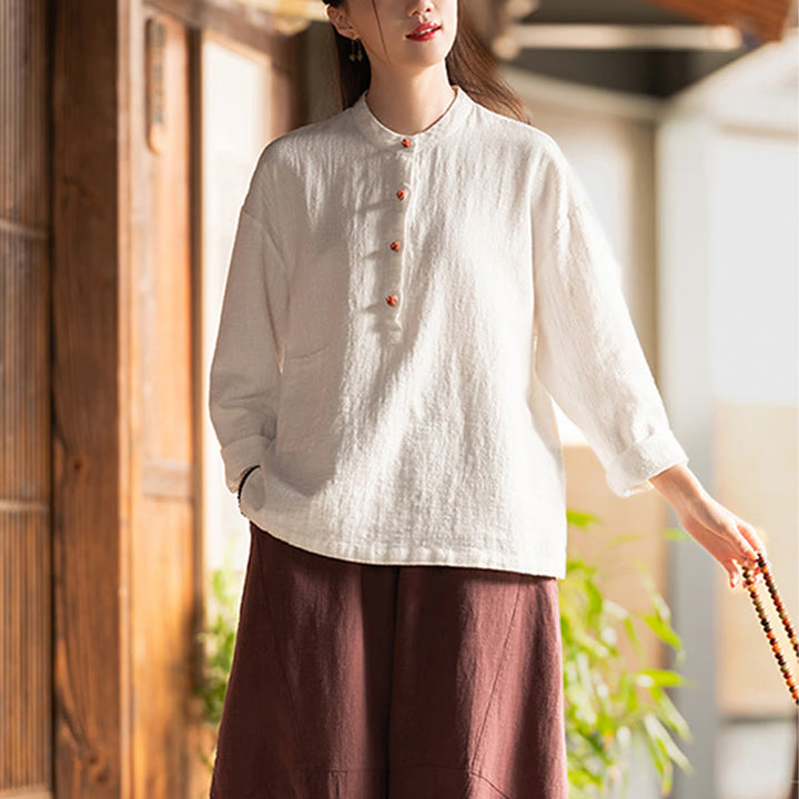 Buddha Stones Einfarbige, lockere Bluse mit Knöpfen, langärmeliges Hemdoberteil - image 4