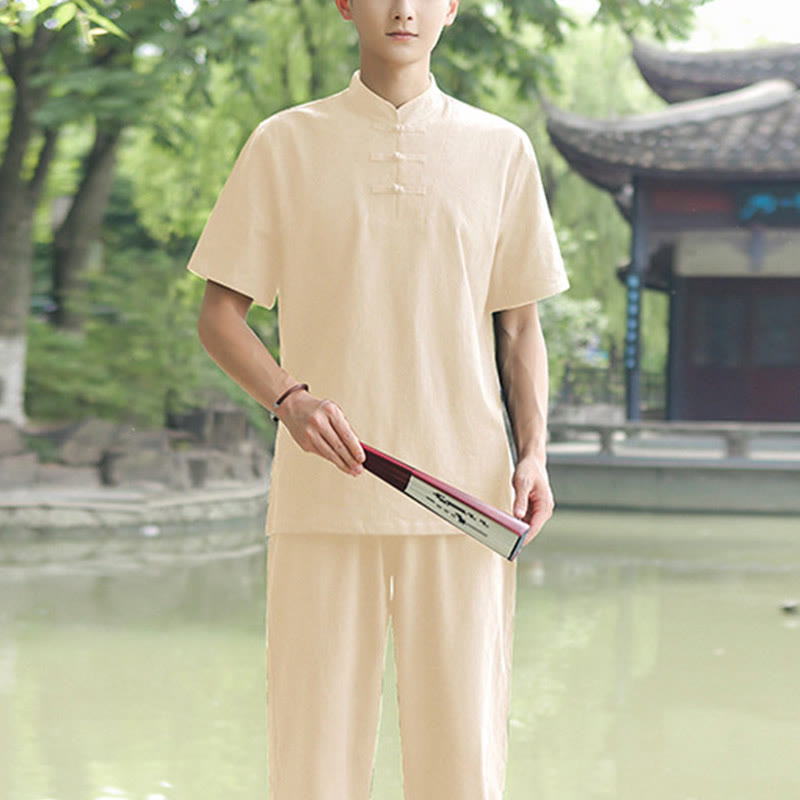 Buddha Stones 2-teiliges Herren-Kleidungsset mit kurzärmeligen Hemden, Oberteilen, T-Shirts und Hosen, Meditation, Zen, Tai Chi, Baumwolle und Leinen - Beige (Oberteil und Hose) - US/ UK/AU48,EU58 (6XL) - image 8