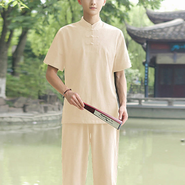 Buddha Stones 2-teiliges Herren-Kleidungsset mit kurzärmeligen Hemden, Oberteilen, T-Shirts und Hosen, Meditation, Zen, Tai Chi, Baumwolle und Leinen - Beige (Oberteil und Hose) - US/ UK/AU48,EU58 (6XL) - image 8