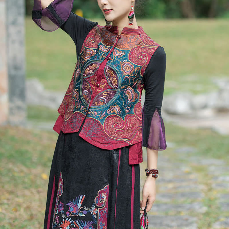 Ärmellose Weste mit Buddha-Steinen im Vintage-Stil, Blumen-Stickerei, Tang-Anzug-Design - Rot (nur Weste) - 2XL(Brustumfang 100 cm/Schulter 40 cm/Länge 59 cm) - image 17