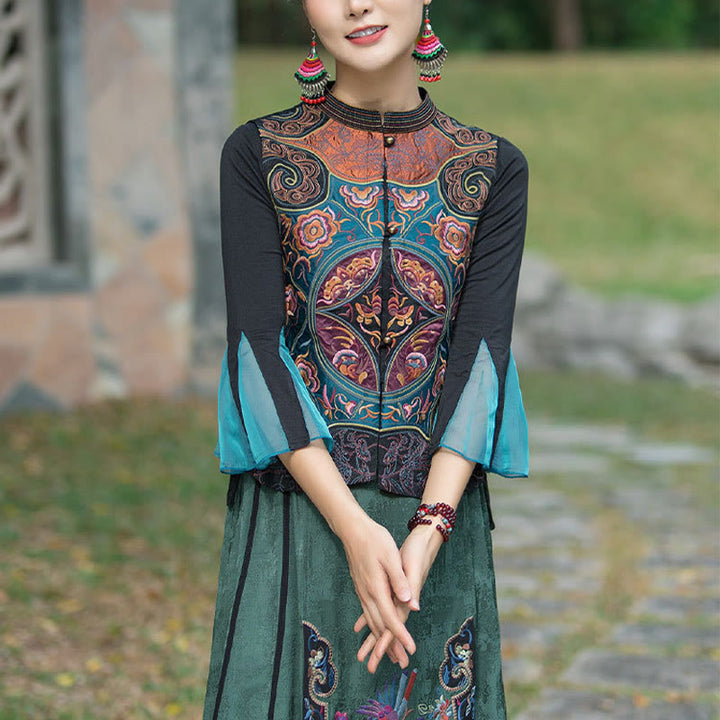 Ärmellose Weste mit Buddha-Steinen im Vintage-Stil, Blumen-Stickerei, Tang-Anzug-Design - Schwarz (nur Weste) - 2XL(Brustumfang 100 cm/Schulter 40 cm/Länge 59 cm) - image 9