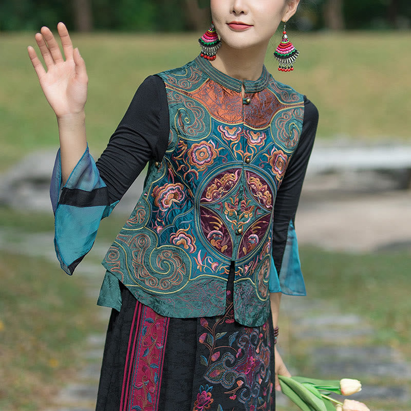 Ärmellose Weste mit Buddha-Steinen im Vintage-Stil, Blumen-Stickerei, Tang-Anzug-Design - image 1