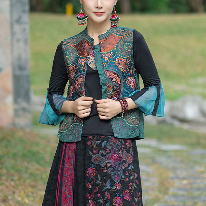 Ärmellose Weste mit Buddha-Steinen im Vintage-Stil, Blumen-Stickerei, Tang-Anzug-Design - Grün (nur Weste) - 2XL(Brustumfang 100 cm/Schulter 40 cm/Länge 59 cm) - image 0