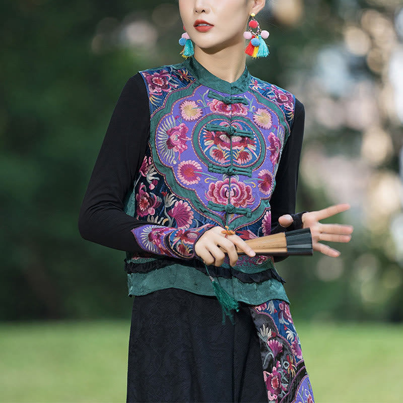 Buddha-Steine, Frosch-Knopf-Stickerei, Blumen, Baumwolle, Leinen, Tang-Anzug, ärmellose Weste - US8-10, UK/AU12-14,EU40-42 (2XL)-(Nur Weste) - image 0