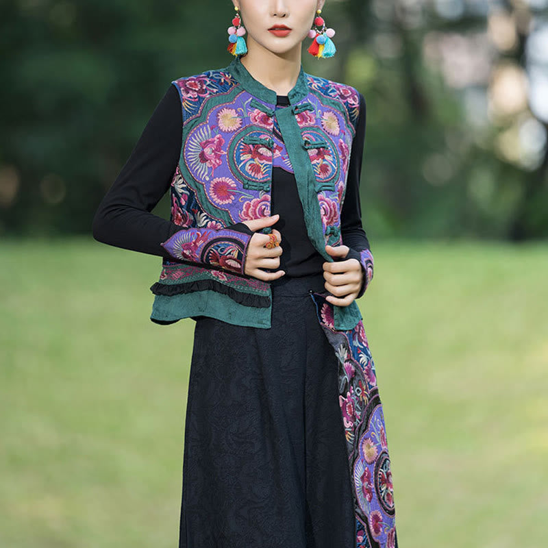 Buddha-Steine, Frosch-Knopf-Stickerei, Blumen, Baumwolle, Leinen, Tang-Anzug, ärmellose Weste - image 2