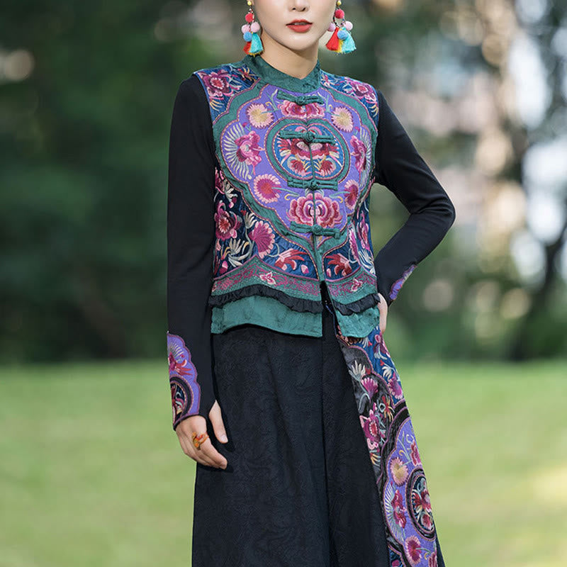 Buddha-Steine, Frosch-Knopf-Stickerei, Blumen, Baumwolle, Leinen, Tang-Anzug, ärmellose Weste - image 3