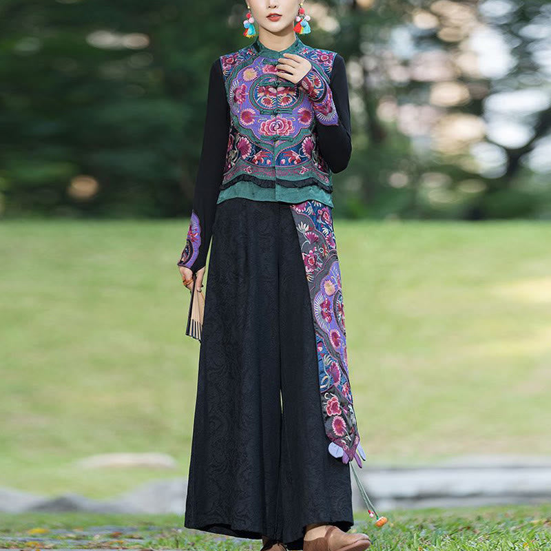 Buddha-Steine, Frosch-Knopf-Stickerei, Blumen, Baumwolle, Leinen, Tang-Anzug, ärmellose Weste - image 5