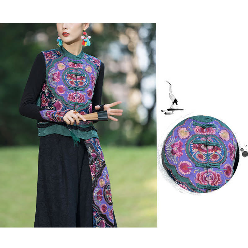 Buddha-Steine, Frosch-Knopf-Stickerei, Blumen, Baumwolle, Leinen, Tang-Anzug, ärmellose Weste - image 9