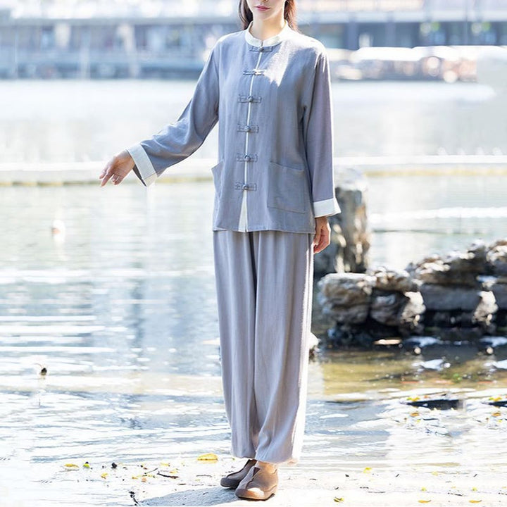 Buddha Stones 2-teiliges Set mit Froschknöpfen, langärmeliges Hemd, Oberteil und Hose, Meditation, Zen, Tai Chi, Baumwoll-Leinen-Kleidung für Damen - Grau (Oberteil und Hose) - US8-10, UK/AU12-14,EU40-42 (2XL) - image 5