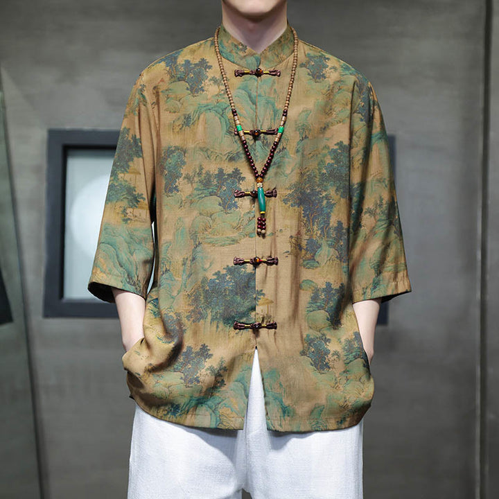 Buddha-Steine-Landschaft, chinesisches Drachenmuster, chinesisches Dreiviertelärmel-Shirt für Herren - Querformat (nur oben) - US/ UK/AU46,EU56 (5XL)  - image 0