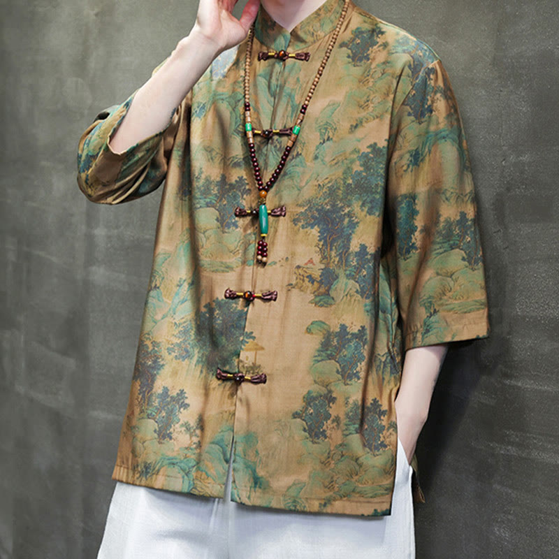 Buddha-Steine-Landschaft, chinesisches Drachenmuster, chinesisches Dreiviertelärmel-Shirt für Herren - image 1