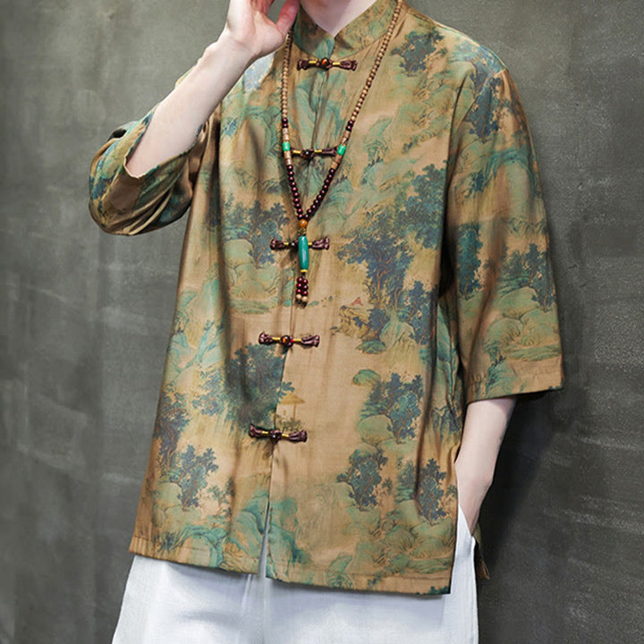 Buddha-Steine-Landschaft, chinesisches Drachenmuster, chinesisches Dreiviertelärmel-Shirt für Herren - image 1