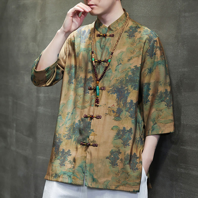 Buddha-Steine-Landschaft, chinesisches Drachenmuster, chinesisches Dreiviertelärmel-Shirt für Herren - image 4