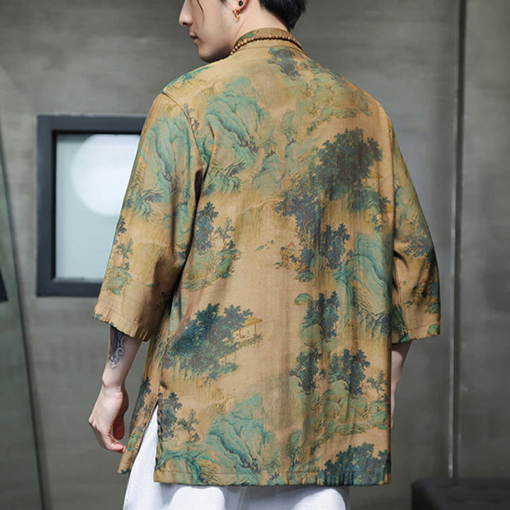 Buddha-Steine-Landschaft, chinesisches Drachenmuster, chinesisches Dreiviertelärmel-Shirt für Herren - image 2