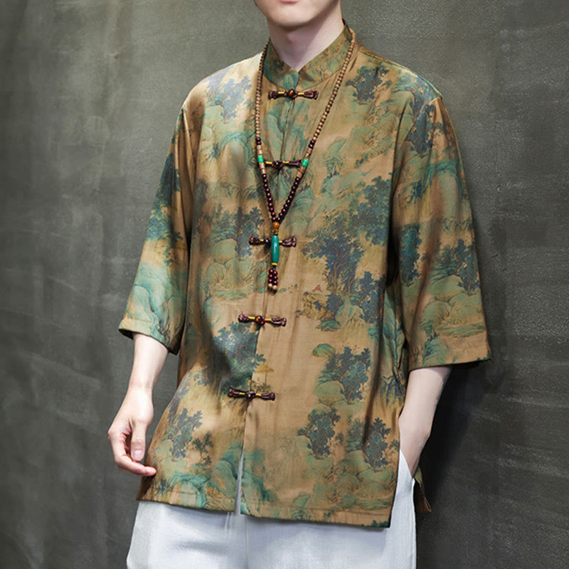 Buddha-Steine-Landschaft, chinesisches Drachenmuster, chinesisches Dreiviertelärmel-Shirt für Herren - image 7