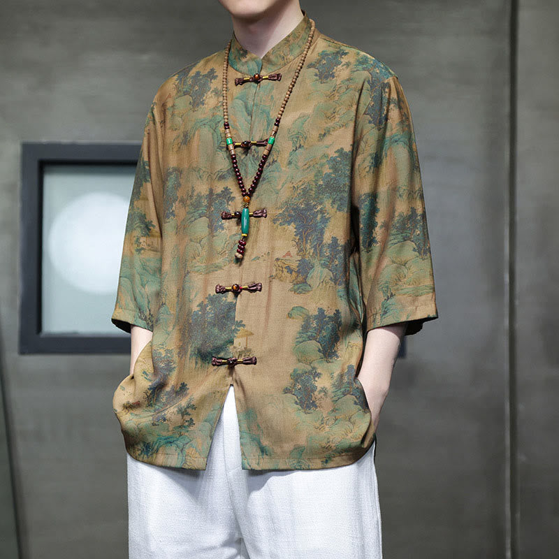 Buddha-Steine-Landschaft, chinesisches Drachenmuster, chinesisches Dreiviertelärmel-Shirt für Herren - image 8