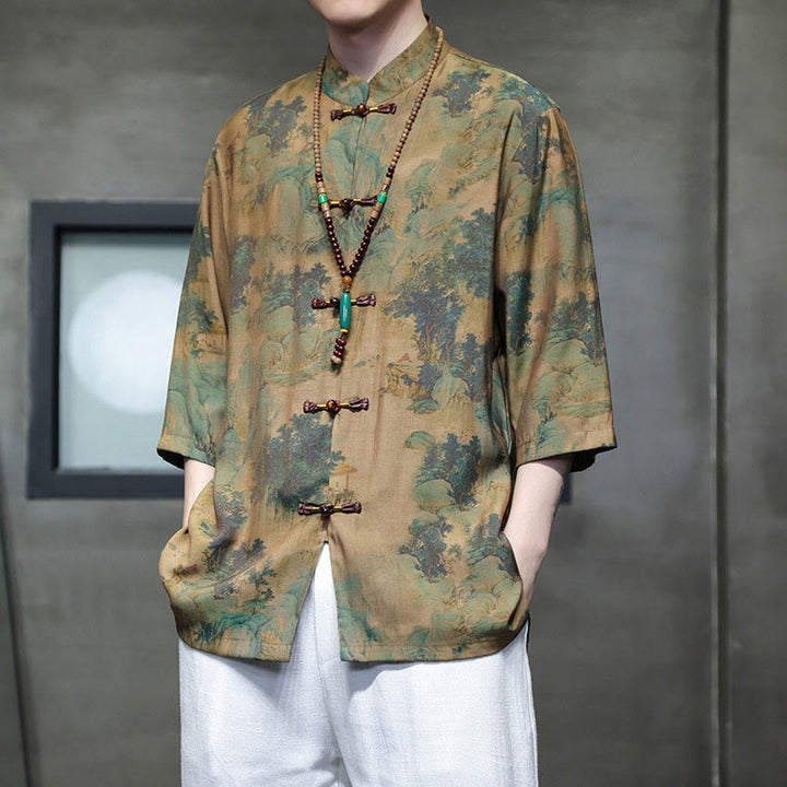 Buddha-Steine-Landschaft, chinesisches Drachenmuster, chinesisches Dreiviertelärmel-Shirt für Herren - image 8