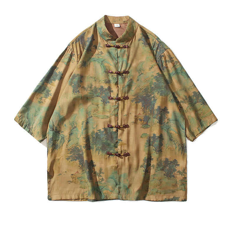 Buddha-Steine-Landschaft, chinesisches Drachenmuster, chinesisches Dreiviertelärmel-Shirt für Herren - image 12