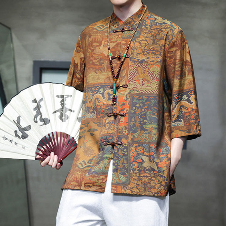 Buddha-Steine-Landschaft, chinesisches Drachenmuster, chinesisches Dreiviertelärmel-Shirt für Herren - image 18