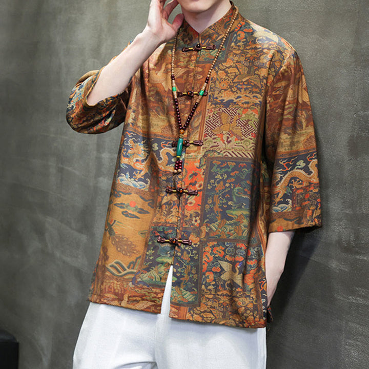 Buddha-Steine-Landschaft, chinesisches Drachenmuster, chinesisches Dreiviertelärmel-Shirt für Herren - image 19