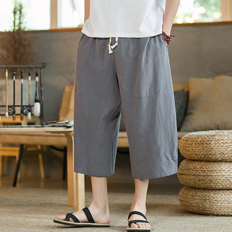 Buddha Stones - Einfarbige mittellange Herrenhose aus Leinen mit weitem Bein und Taschen - image 29