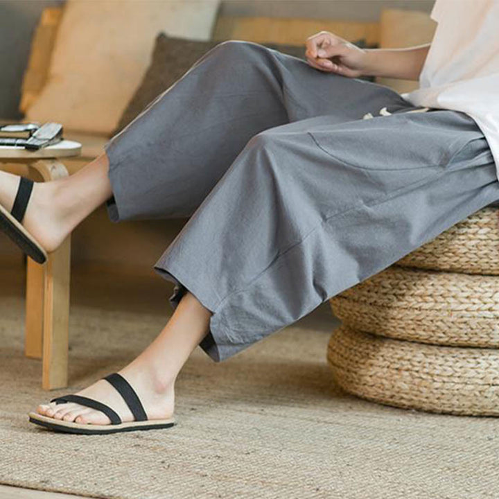 Buddha Stones - Einfarbige mittellange Herrenhose aus Leinen mit weitem Bein und Taschen - image 32