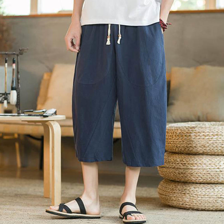 Buddha Stones - Einfarbige mittellange Herrenhose aus Leinen mit weitem Bein und Taschen - image 14