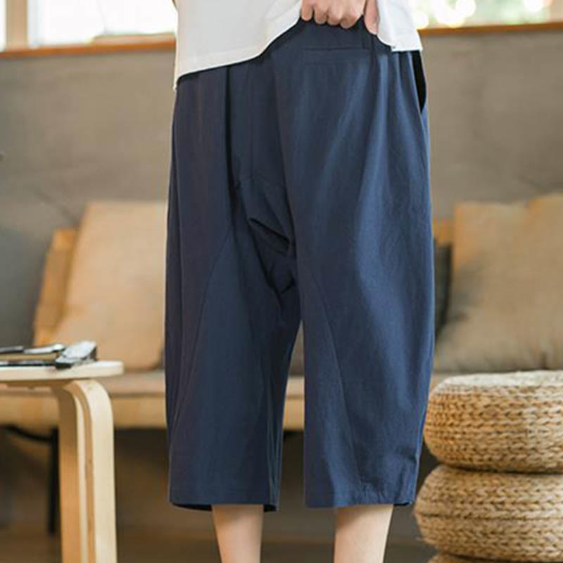 Buddha Stones - Einfarbige mittellange Herrenhose aus Leinen mit weitem Bein und Taschen - image 13