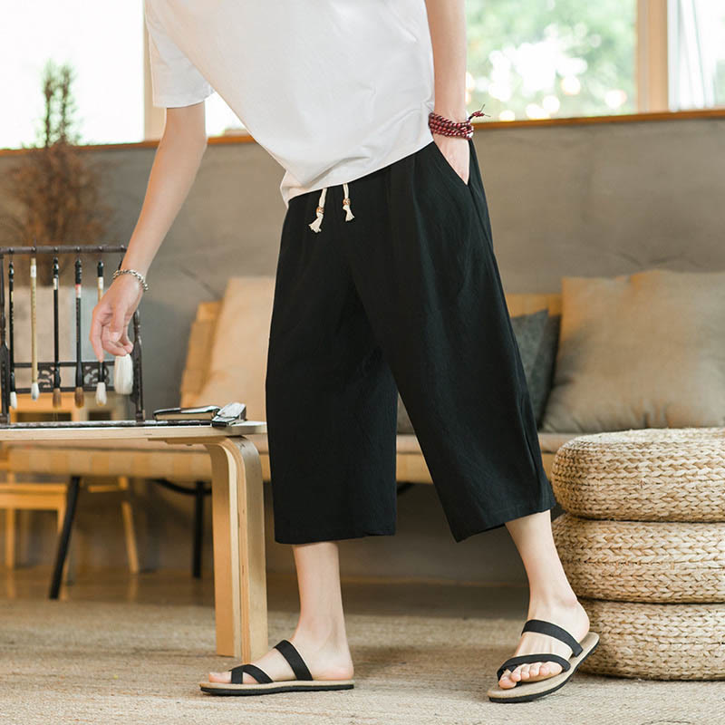Buddha Stones - Einfarbige mittellange Herrenhose aus Leinen mit weitem Bein und Taschen - image 2