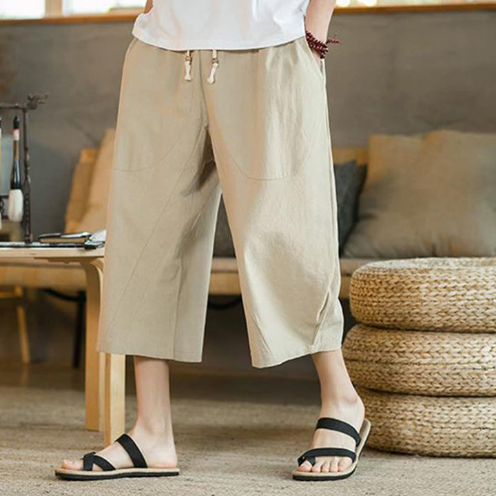 Buddha Stones - Einfarbige mittellange Herrenhose aus Leinen mit weitem Bein und Taschen - image 8