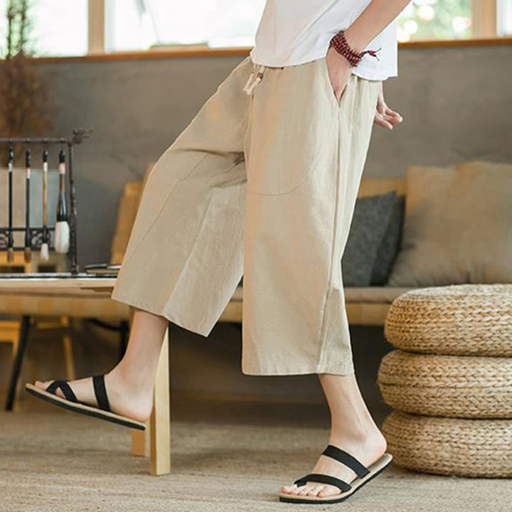 Buddha Stones - Einfarbige mittellange Herrenhose aus Leinen mit weitem Bein und Taschen - image 7