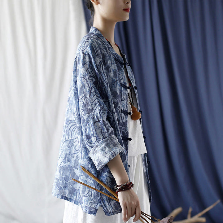 Buddha Stones Retro Blau Weiß Blumen Frosch-Knopf Design Langarm Ramie Leinen Jacke Hemd - image 2