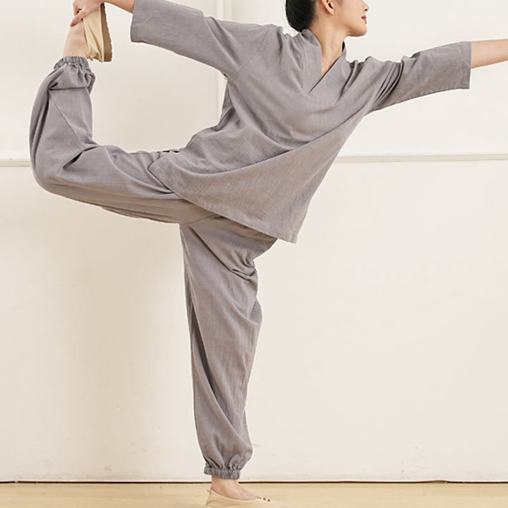 Buddha Stones 2-teiliges Set mit V-Ausschnitt, Dreiviertelärmeln, Hemd, Oberteil und Hose, Meditation, Zen, Tai Chi, Baumwoll-Leinen-Kleidung für Damen - image 2