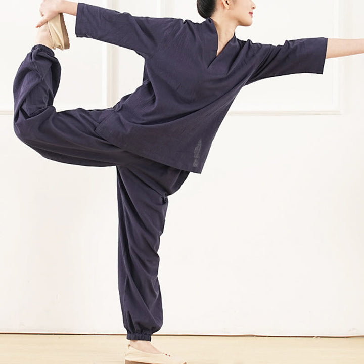 Buddha Stones 2-teiliges Set mit V-Ausschnitt, Dreiviertelärmeln, Hemd, Oberteil und Hose, Meditation, Zen, Tai Chi, Baumwoll-Leinen-Kleidung für Damen - image 13