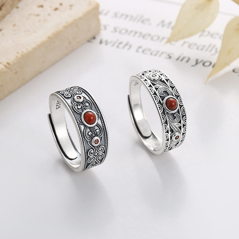Ring mit Buddha-Steinen aus 925er Sterlingsilber mit eingebettetem rotem Achat und glückverheißenden Wolken für logisches Denken - image 0
